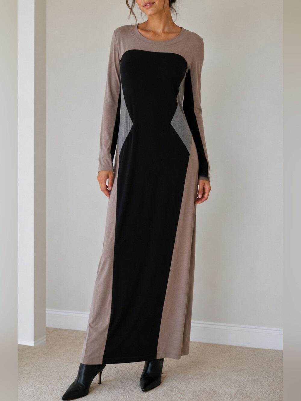 Long Sleeve Colorblock Maxi Dress in Black and Taupe
